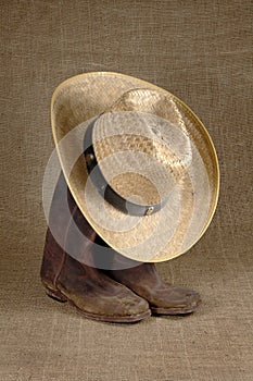 Boots and hat on burlap 2