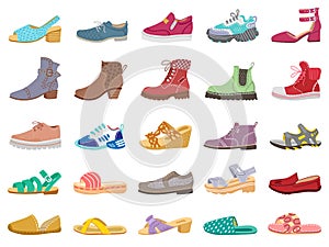 Boots and shoes. Modern elegant female, male and childrens footwear, sneakers, sandals, boots for winter and spring