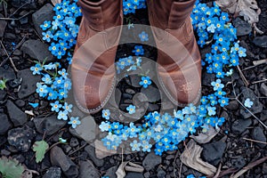 boots standing with a circle of forgetmenots