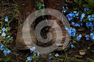 boots standing with a circle of forgetmenots