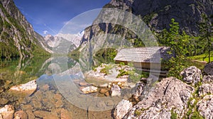 Bootshaus am Obersee lake in Berchtesgaden National Park, Alps Germany