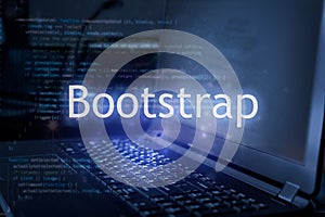 Bootstrap inscription against laptop and code background