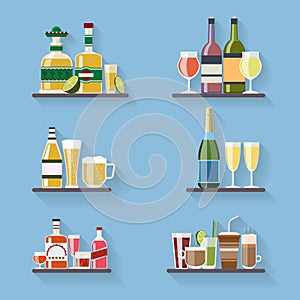 Booze or drinks flat icons on tray at bar photo