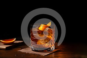 Boozy Cold Bourbon. Old Fashioned Cocktail with an Orange Slice. Close-up. Generative AI content