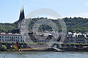 Boppard, Germany - 08 06 2020: RheinfÃ¤hre Boppard area with a German flag