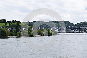 Filsen, Germany - 08 24 2021: Filsen in Middle Rhine valley with Boppard behind