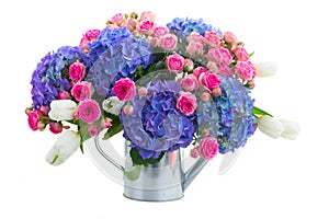 Boquet of white tulips, pink roses and blue hortensia flowers