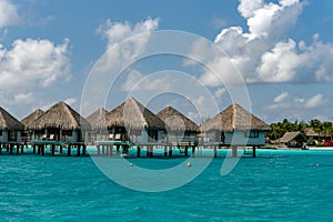 Bora bora french polynesia aerial airplane view luxury resort overwater