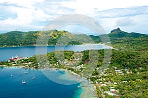 Bora Bora, French Polynesia, aerial view of island in the South Pacific Ocean