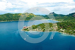 Bora Bora, French Polynesia, aerial view of island in the South Pacific Ocean