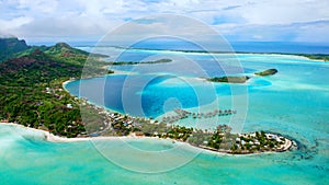 Bora Bora, French Polynesia, aerial view of island in the South Pacific Ocean