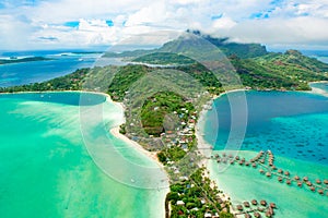 Bora Bora, French Polynesia, aerial view of island in the South Pacific Ocean