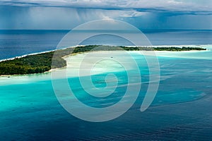 Bora Bora, French Polynesia, aerial view lagoon of island in the South Pacific Ocean