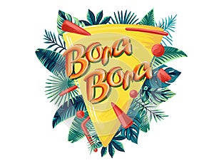 Bora Bora tropical leaves bright banner orange letters