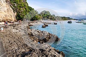 BORACAY, PHILIPPINES - FEBRUARY 1, 2018: Cliffs at the end of the White Beach on Boracay island, Philippin