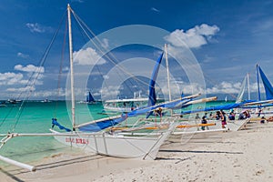 BORACAY, PHILIPPINES - FEBRUARY 1, 2018: Bangka boats at the White Beach at Boracay island, Philippin