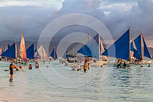 BORACAY, PHILIPPINES - FEBRUARY 1, 2018: Bangkas paraw , double-outrigger boats, Boracay island, Philippin