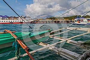 BORACAY, PHILIPPINES - FEBRUARY 1, 2018: View of an outrigger of a bangka boat in Philippin