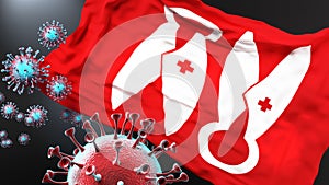 Boras and covid pandemic - virus attacking a city flag of Boras as a symbol of a fight and struggle with the virus pandemic in