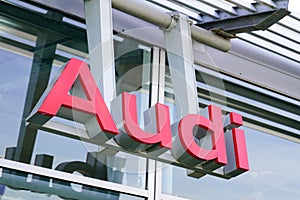 Audi wall dealership car sign logo and text brand shop German automobile manufacturer