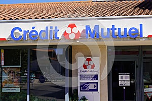Credit mutuel logo text and brand sign on entrance french bank office on building