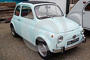 Fiat 500 retro blue vintage model old timer car sixties side view