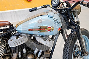 Harley davidson detail motorbike with logo sign on fuel custom paint tank of american