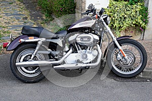 Bordeaux , Aquitaine / France - 08 04 2020 : harley davidson roadster motorbike with logo sign on black tank of american custom