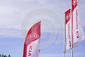 Bordeaux , Aquitaine / France - 10 14 2019 : Kia dealership sign logo flag South Korea automobile manufacturer store