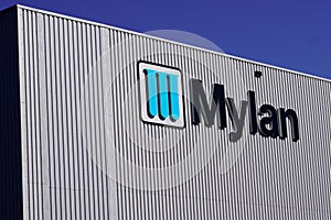 Bordeaux , Aquitaine / France - 10 17 2019 : mylan sign logo building global generic specialty pharmaceuticals factory company