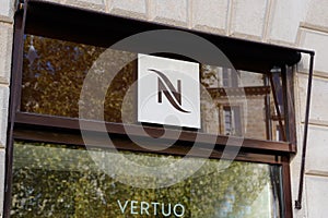 Nespresso store logo and sign of shop coffee capsule and accessories for hotdrink