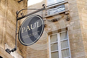 Paul sign text and logo of French bakery and takeaway pastry restaurant