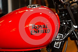 Royal Enfield meteor fuel tank logo text and brand sign on motorcycle indian motorbike