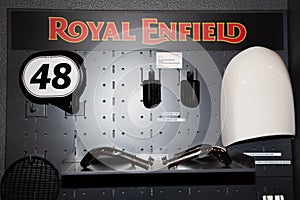 Royal Enfield motorbike parts with logo sign and brand text from india asian