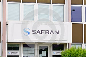 Safran logo sign on building of  French multinational aeronautical company aircraft