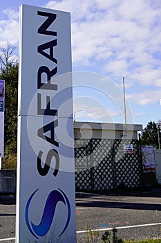Safran logo sign and text front of factory aeronautical company aircraft engine French