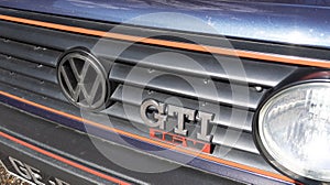 Volkswagen gti 16v Golf 2 logo brand and text sign front young timer power sport car