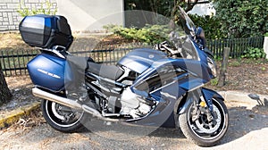 Yamaha FJR 1300 Motorcycle blue motorbike touring parked in city street