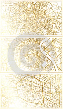 Bordeaux France, Bologna Italy and Brussels Belgium City Map Set