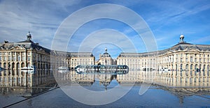 Bordeaux France 08.25.2014: Place de la Bourse with reflecting pool with traffic and tram in reflection