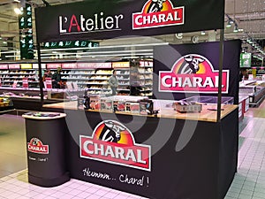 Bordeaux, gironde France - December 06 2018 - marketing butcher stand for industrial meal charal in supermarket