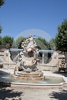 Bordeaux town Place Amedee Larrieu fountain water with entrance market behind in southwest france