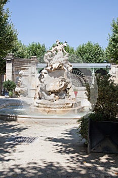 Bordeaux town Place Amedee Larrieu fountain water with entrance market and sculpted group allegory in france