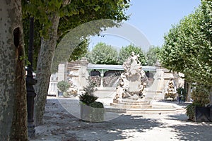 Bordeaux town Place Amedee Larrieu fountain water with entrance market in trees park