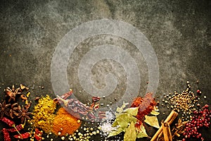 Border of assorted aromatic and pungent spices photo