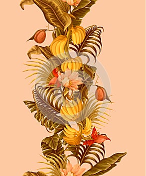 Border with banana fruits and leaves. Vector.