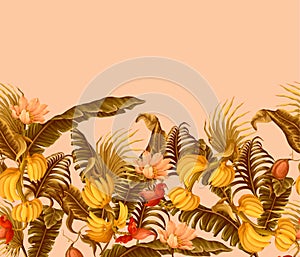 Border with banana fruits and leaves. Vector.
