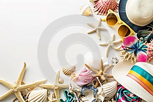 Border of beach accessories and toys scattered on a white background