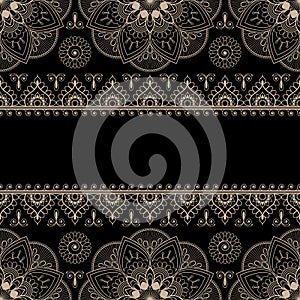 Border beige pattern elements with flowers for cards or tattoo isolated on black background