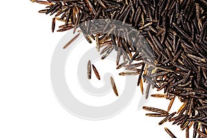 Border of black rice close-up on white background.